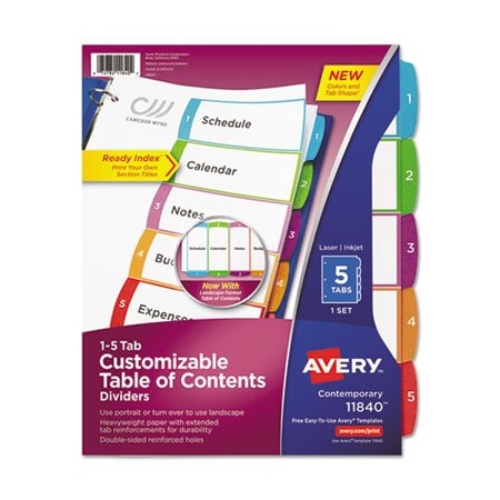 Avery Dennison Avery, CUSTOMIZABLE TOC READY INDEX MULTICOLOR DIVIDERS, 1-5, LETTER 11840
